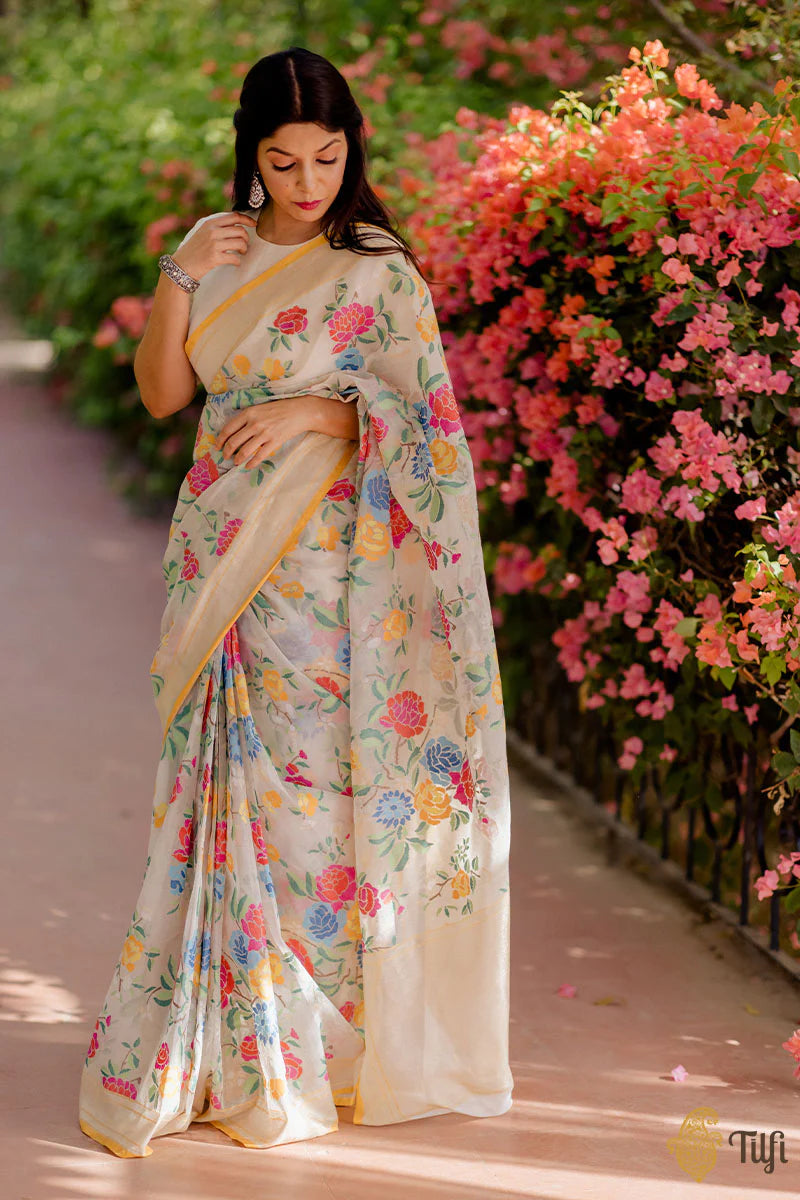 MULTI FLOWERS DIGITAL PRINTED LINEN COTTON SAREE