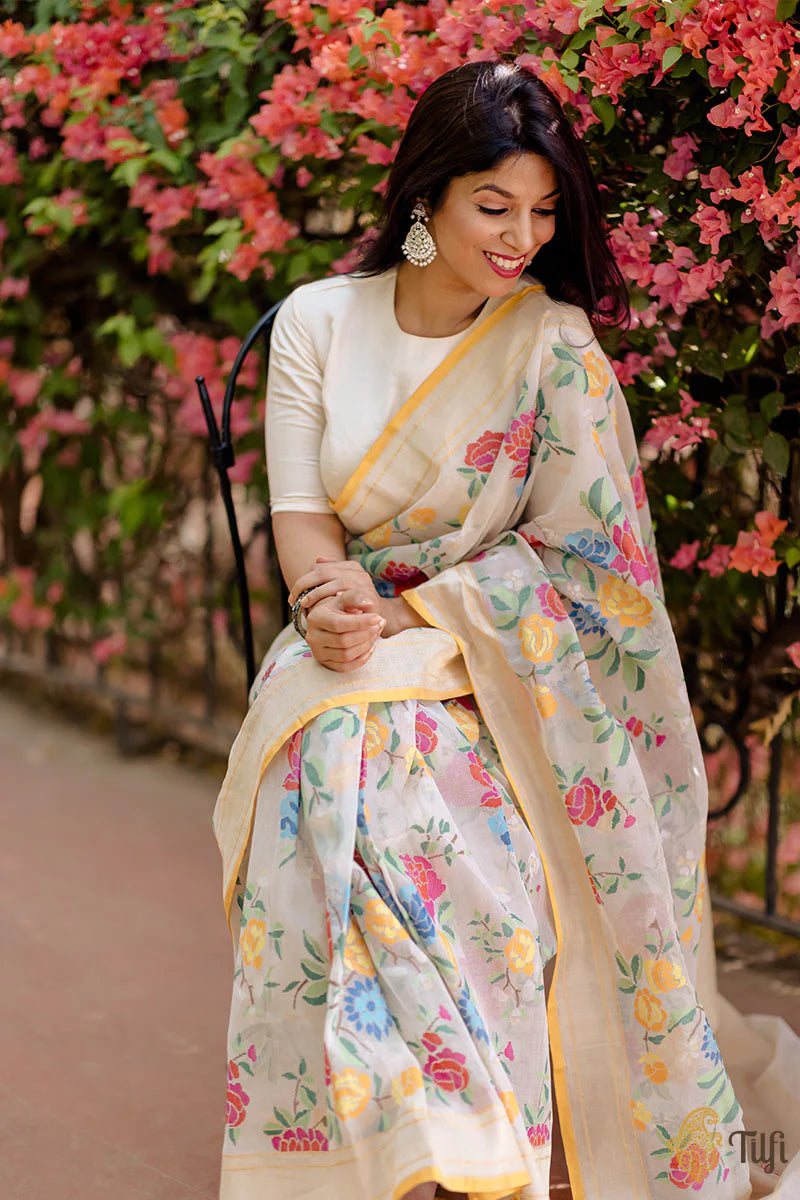 MULTI FLOWERS DIGITAL PRINTED LINEN COTTON SAREE