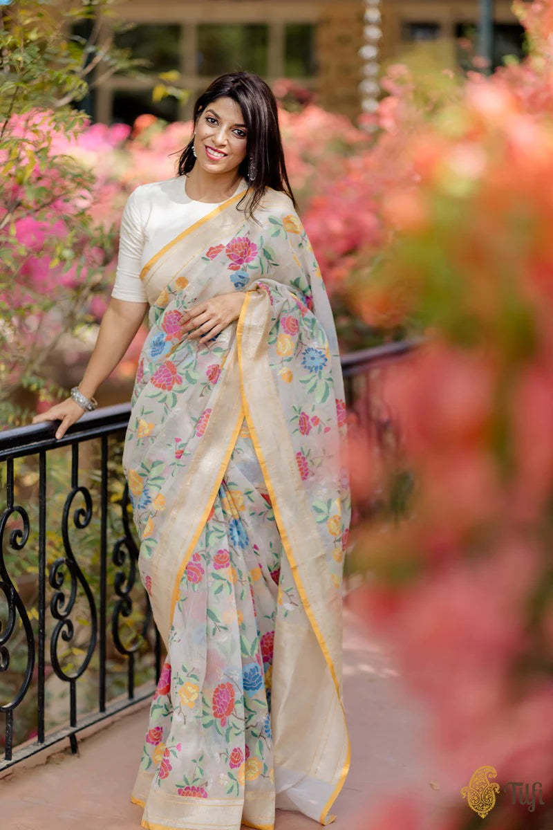 MULTI FLOWERS DIGITAL PRINTED LINEN COTTON SAREE