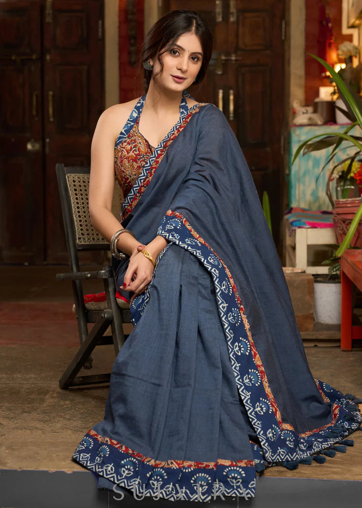 GERUVA GREY COLOR LINEN COTTON SAREE