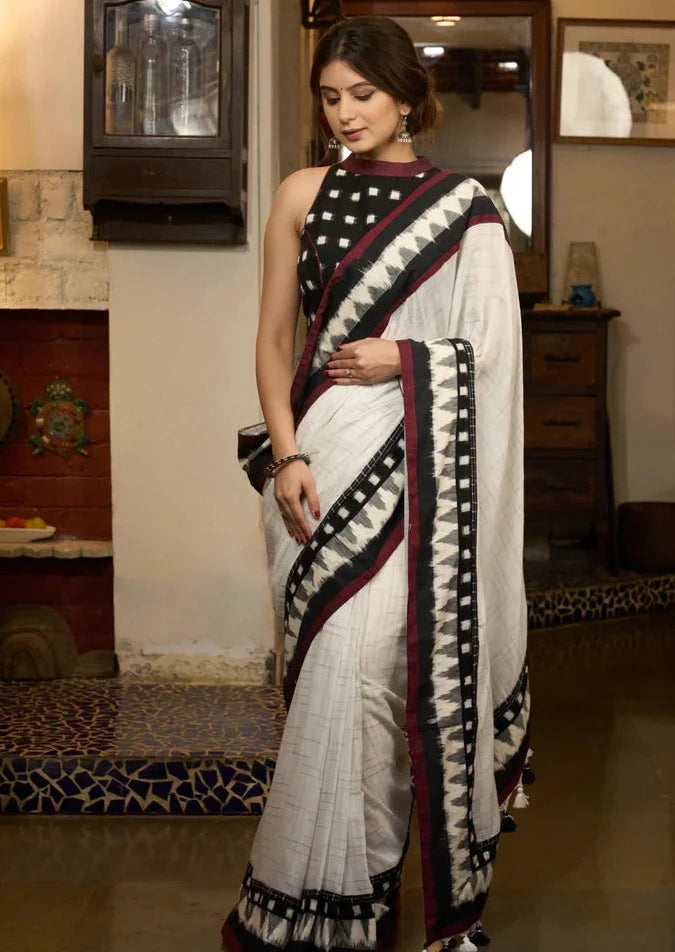 STYLISH OFWHITE COLOR IKKHAT D/P COTTON LINEN SAREE