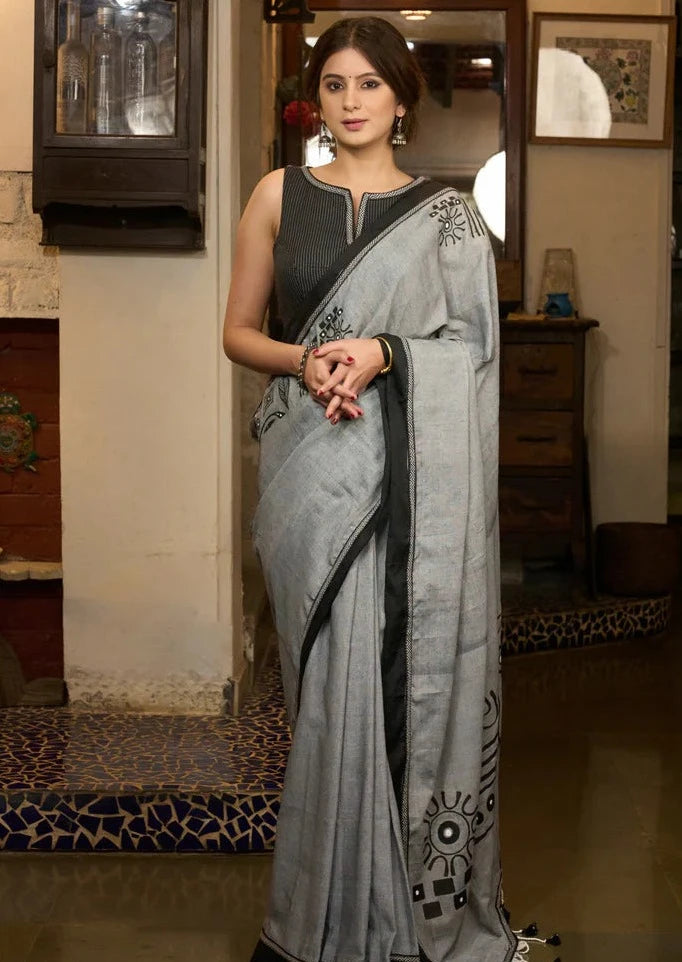 STYLISH GREY  COLOR IKKHAT D/P COTTON LINEN SAREE