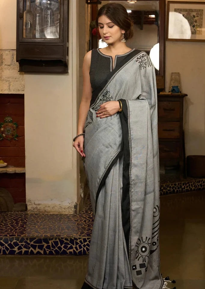 STYLISH GREY  COLOR IKKHAT D/P COTTON LINEN SAREE