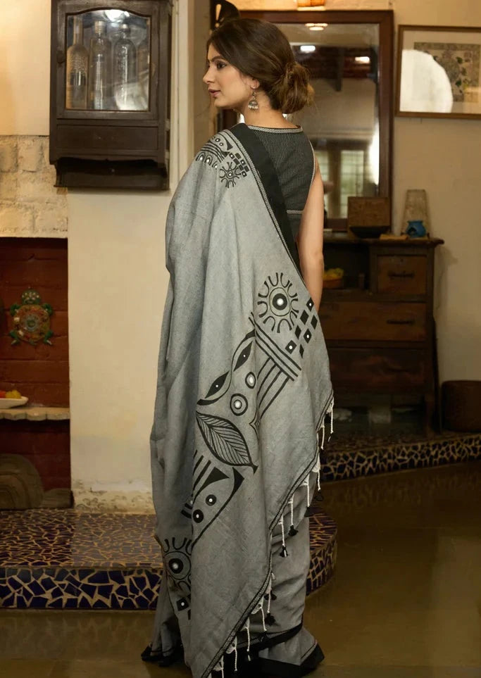 STYLISH GREY  COLOR IKKHAT D/P COTTON LINEN SAREE