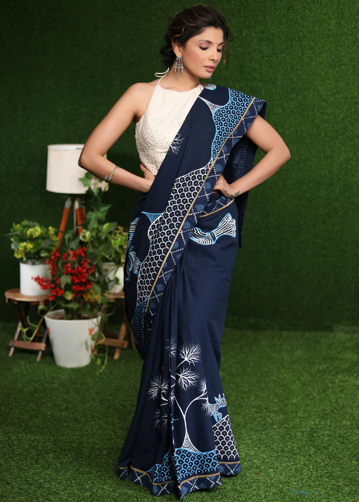 UDAN-CHU  BLUE COLOR LINEN COTTON SAREE