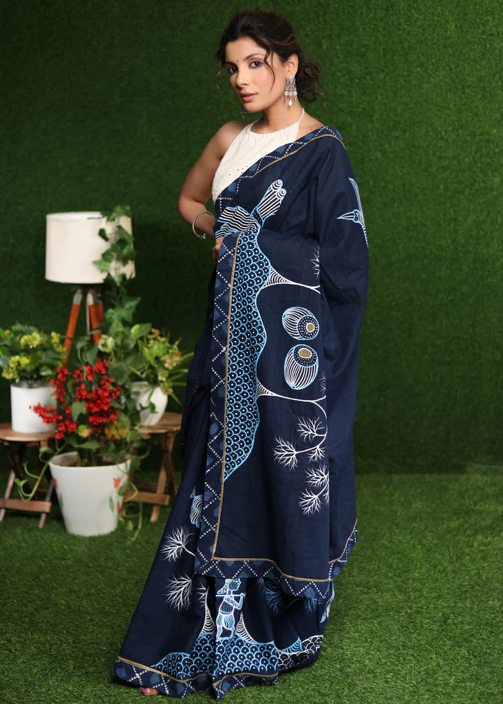 UDAN-CHU  BLUE COLOR LINEN COTTON SAREE