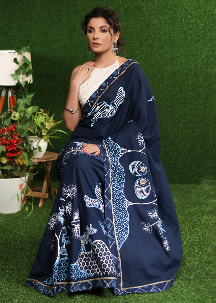 UDAN-CHU  BLUE COLOR LINEN COTTON SAREE