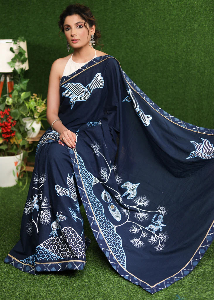 UDAN-CHU  BLUE COLOR LINEN COTTON SAREE