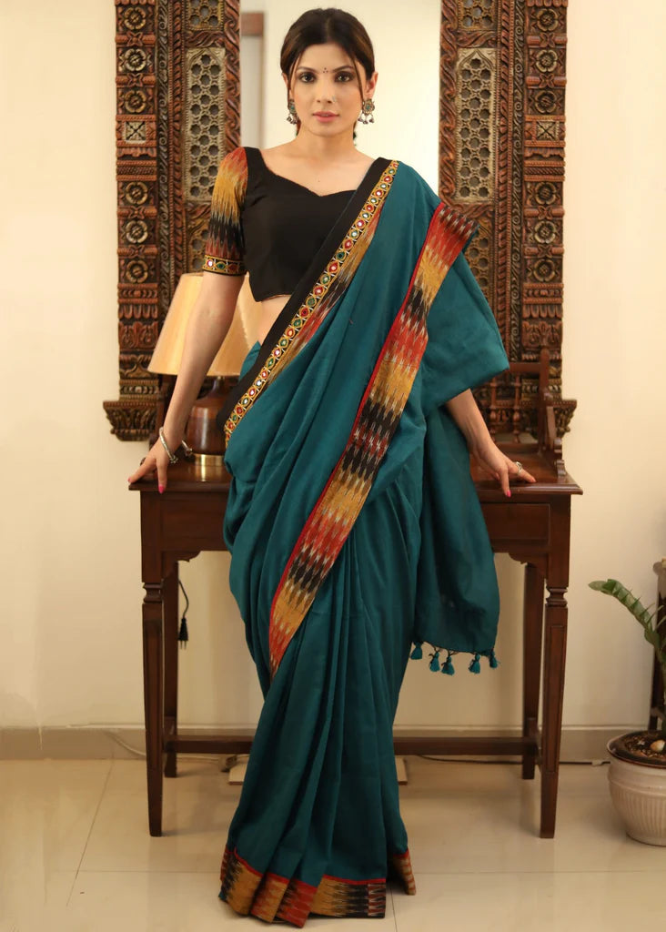 STYLISH RAMA COLOR  LINEN COTTON SAREE