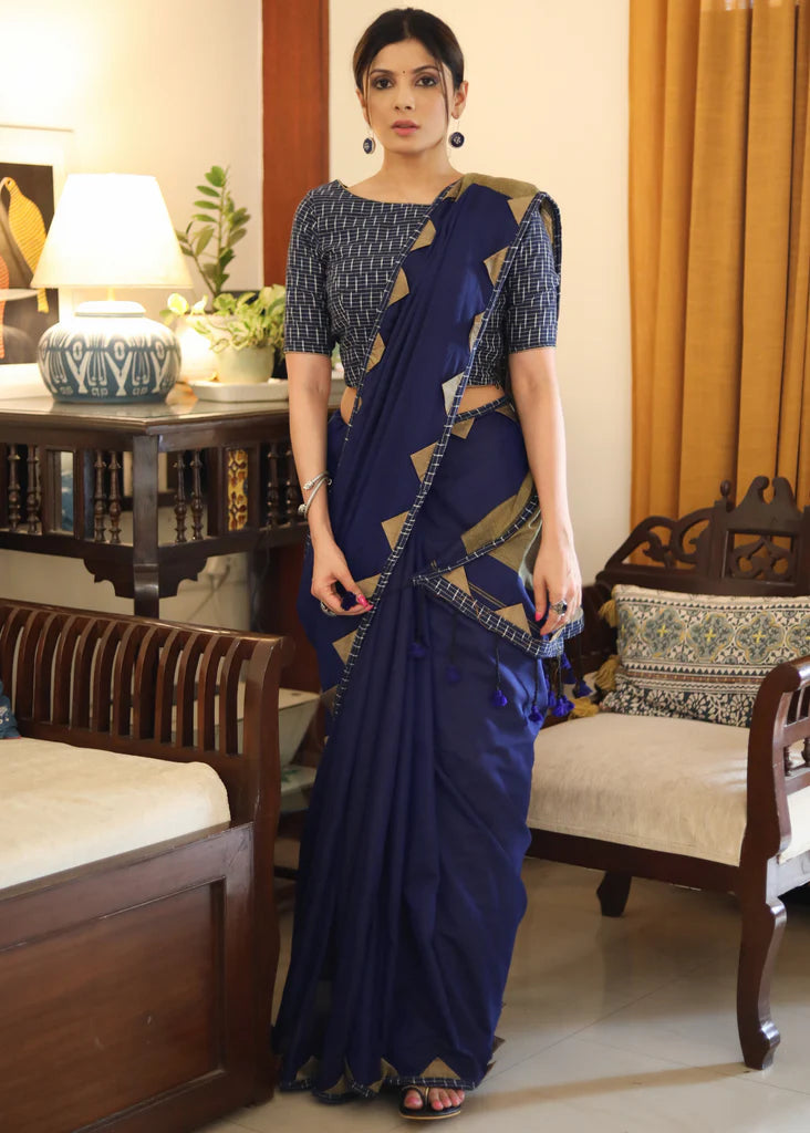 TRAZIDE BLUE COLOR  LINEN COTTON SAREE