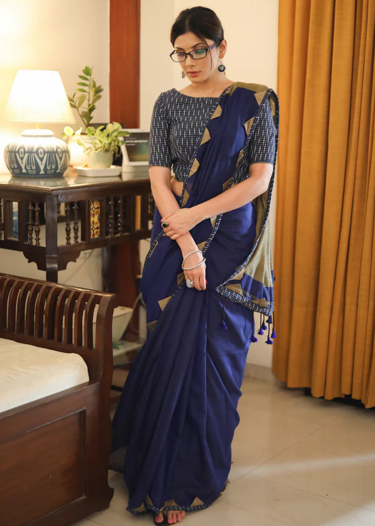 TRAZIDE BLUE COLOR  LINEN COTTON SAREE