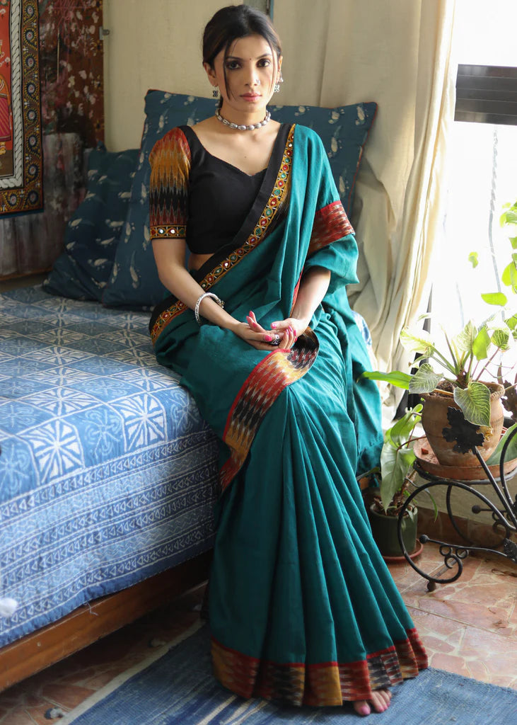 STYLISH RAMA COLOR  LINEN COTTON SAREE