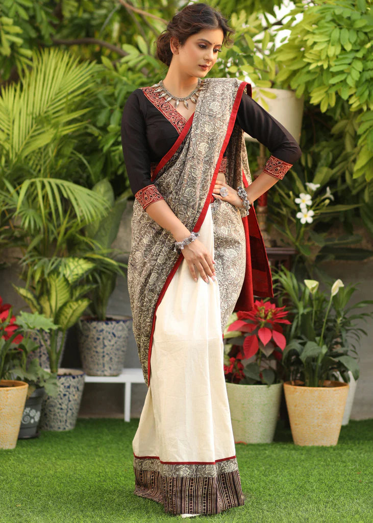 STYLISH HALF-HALF COLOR  LINEN COTTON SAREE