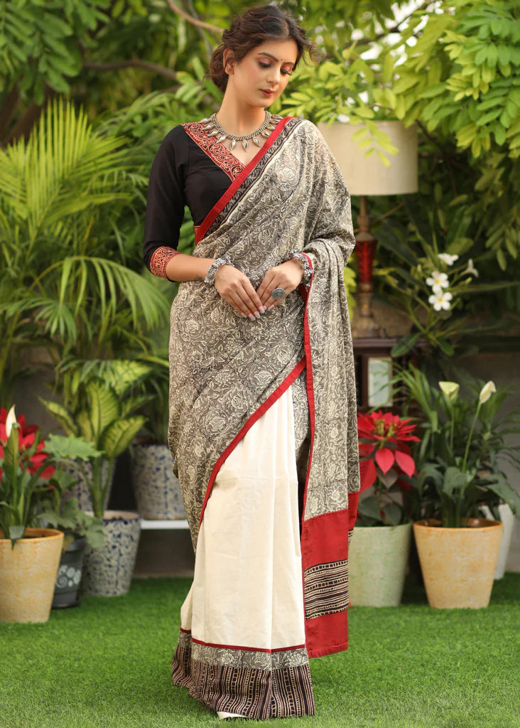 STYLISH HALF-HALF COLOR  LINEN COTTON SAREE