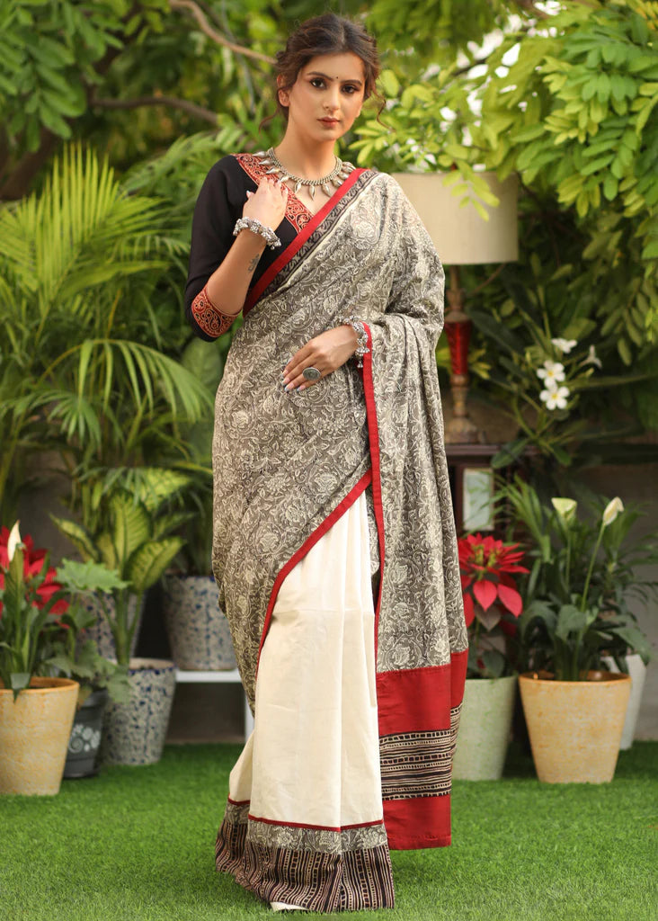 STYLISH HALF-HALF COLOR  LINEN COTTON SAREE