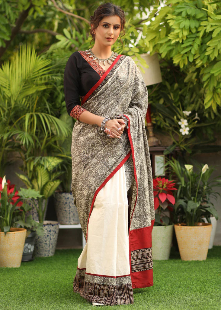 STYLISH HALF-HALF COLOR  LINEN COTTON SAREE