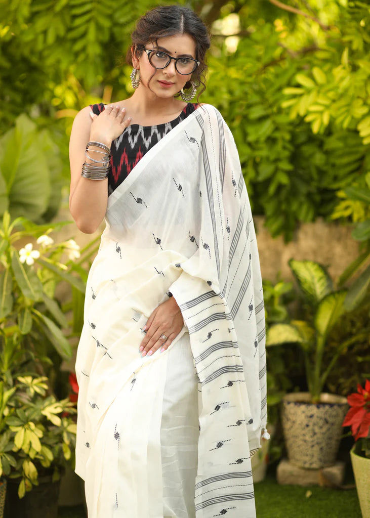 OFFICE STYLE CREAM COLOR   DIGITAL PRINTED LINEN COTTON SAREE