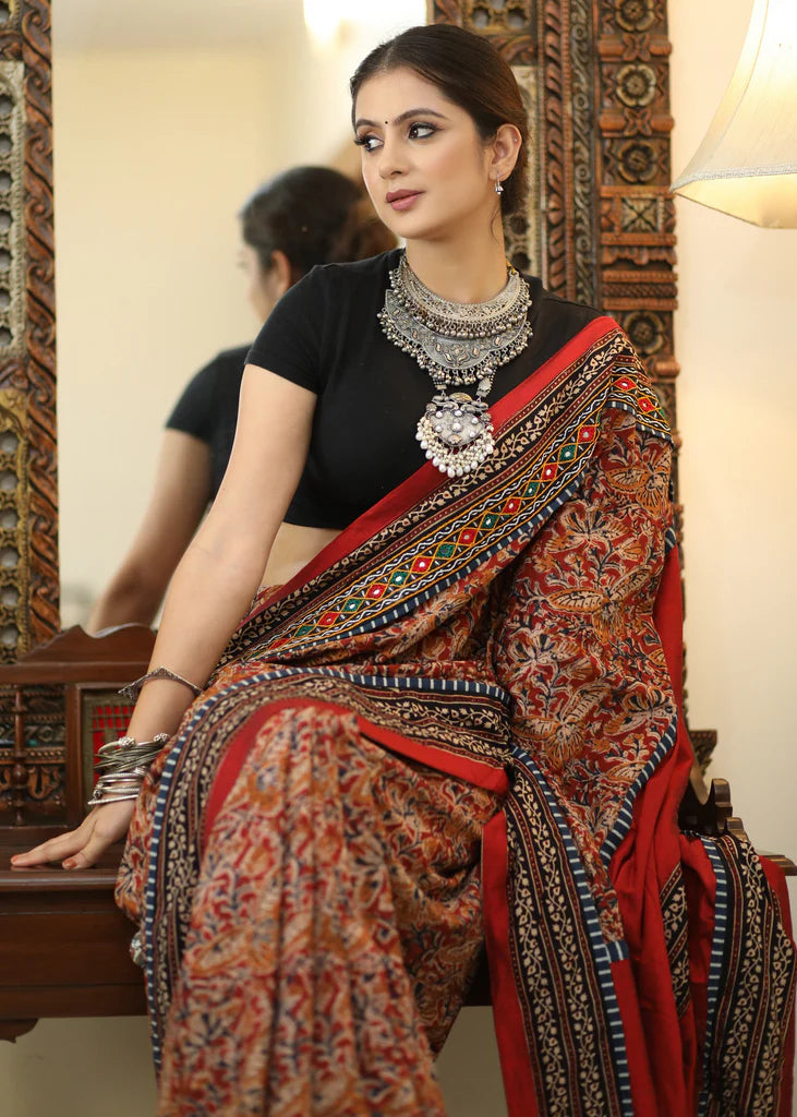 BLOODY RED COLOR LINEN COTTON SAREE