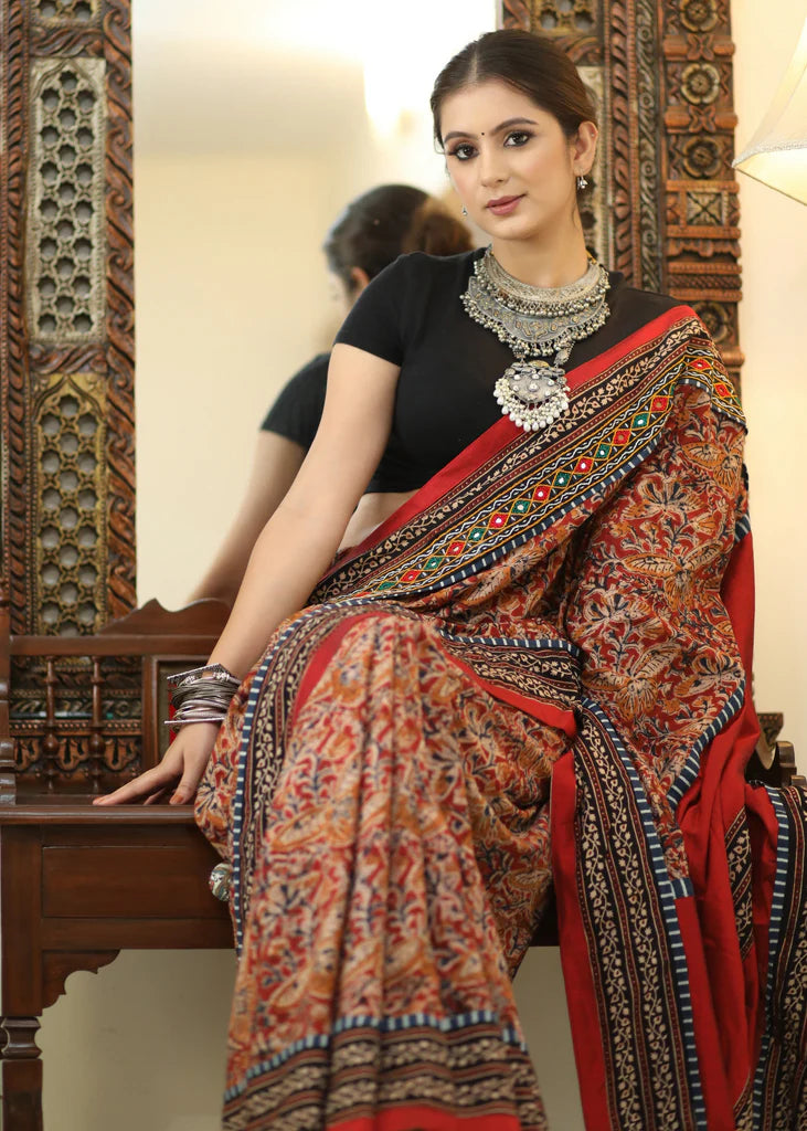 BLOODY RED COLOR LINEN COTTON SAREE