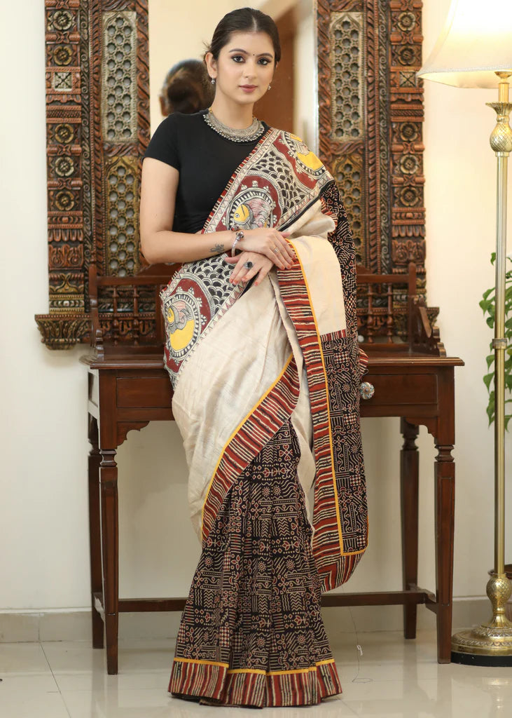 FANTASTIC HALF-HALF IKKHAT D/P COTTON LINEN SAREE