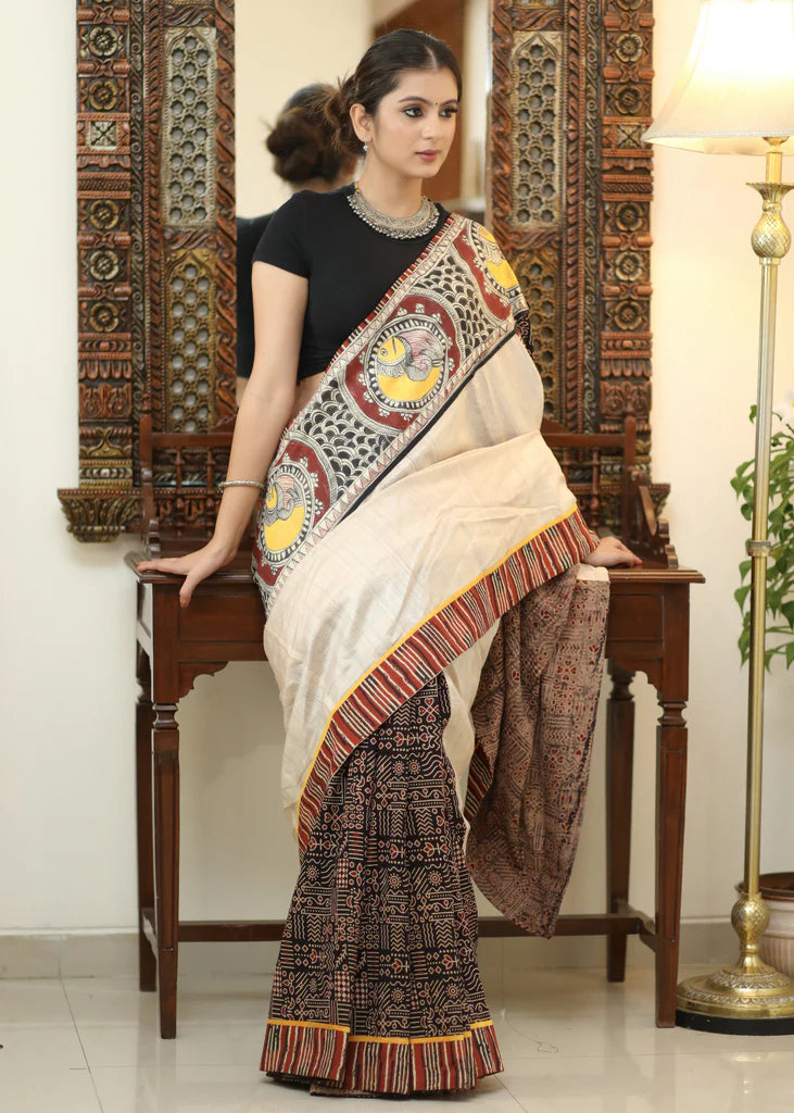 FANTASTIC HALF-HALF IKKHAT D/P COTTON LINEN SAREE