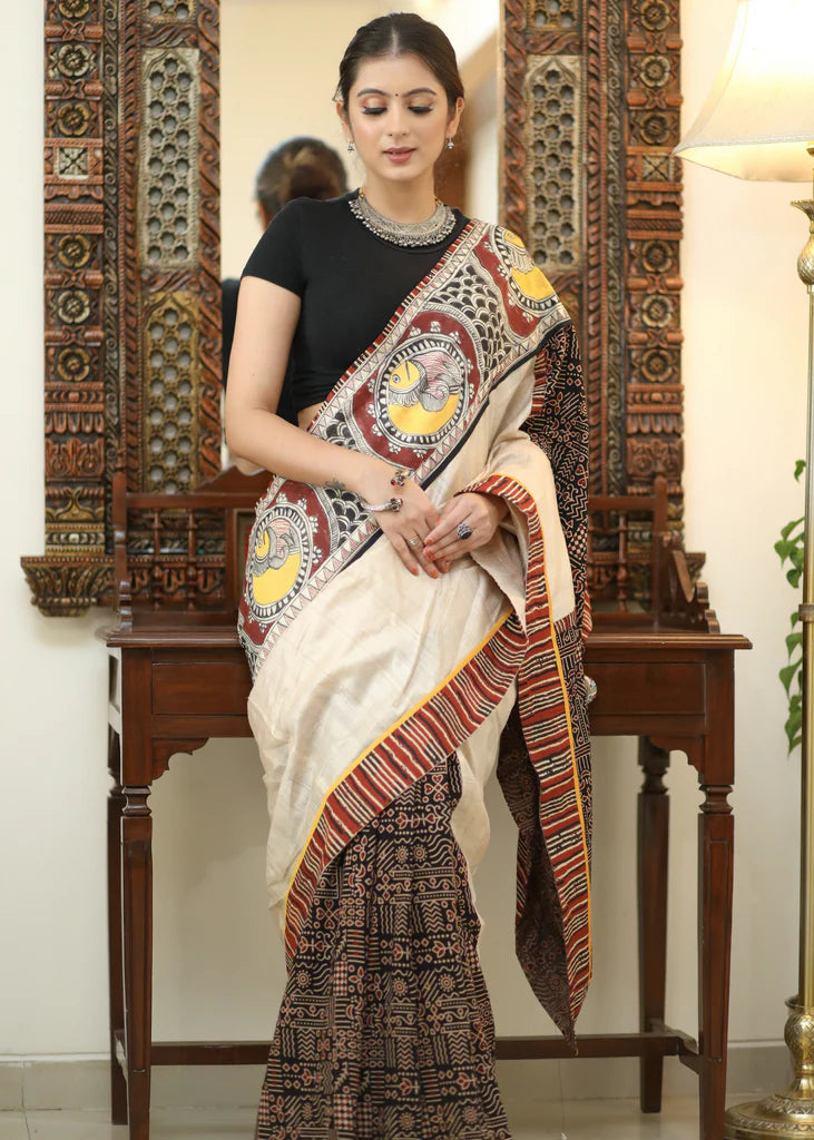 FANTASTIC HALF-HALF IKKHAT D/P COTTON LINEN SAREE