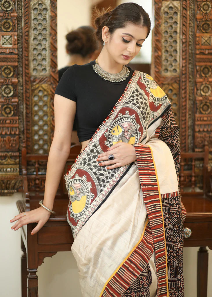 FANTASTIC HALF-HALF IKKHAT D/P COTTON LINEN SAREE