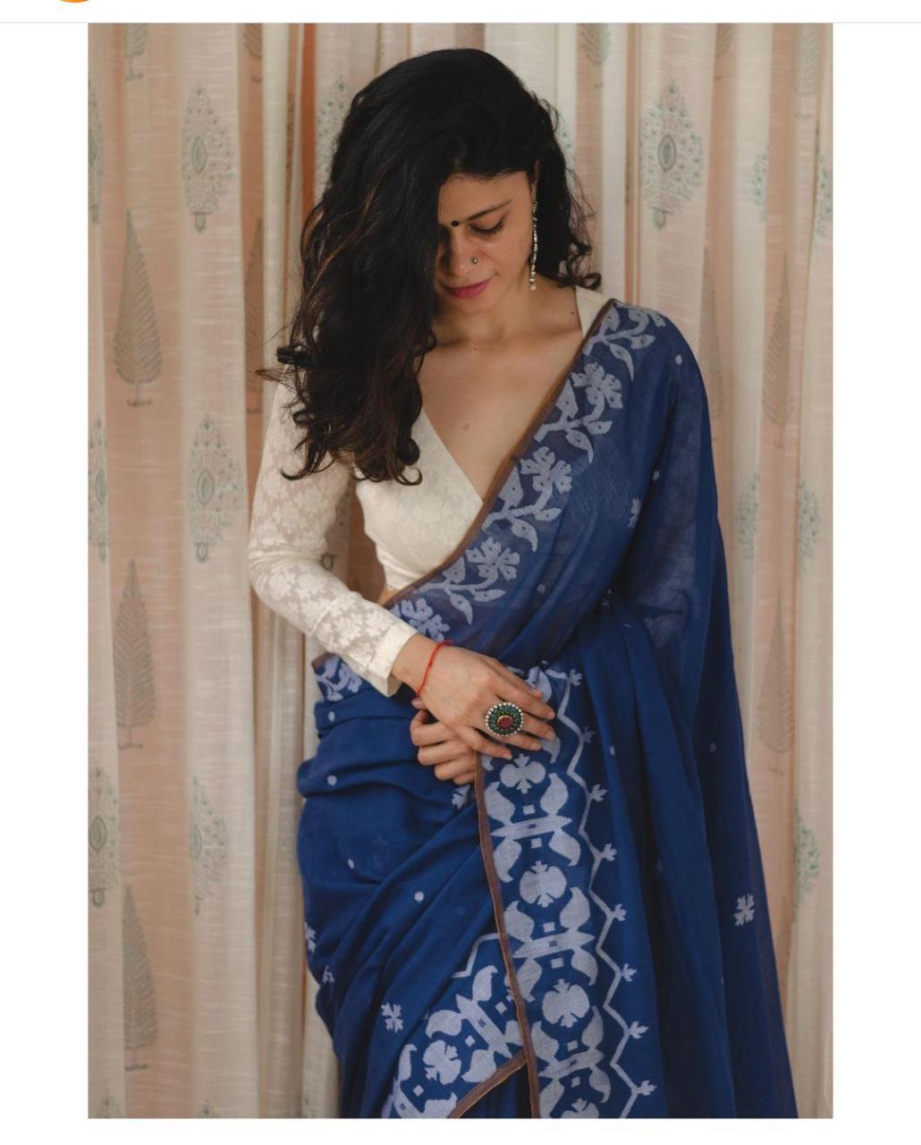 BLUE BLUE  WALE DESIGNER  COTTON LINEN SAREE