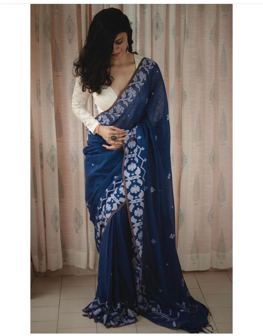 BLUE BLUE  WALE DESIGNER  COTTON LINEN SAREE