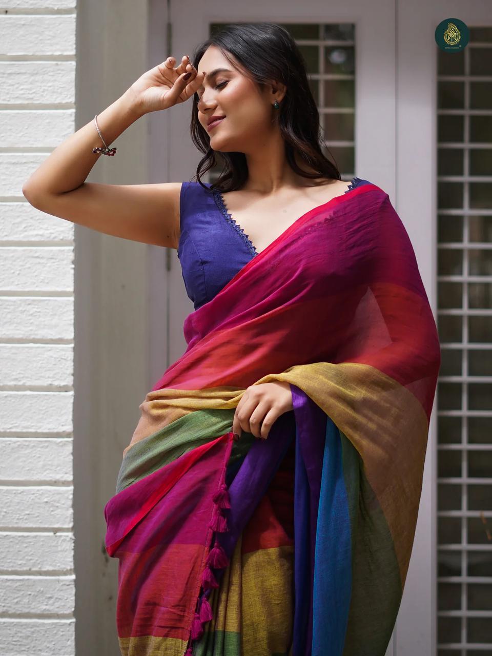 MULTI COLOR  DESIGNER DIGITAL PRINTED COTTON LINEN SAREE