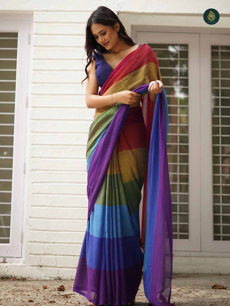 MULTI COLOR  DESIGNER DIGITAL PRINTED COTTON LINEN SAREE