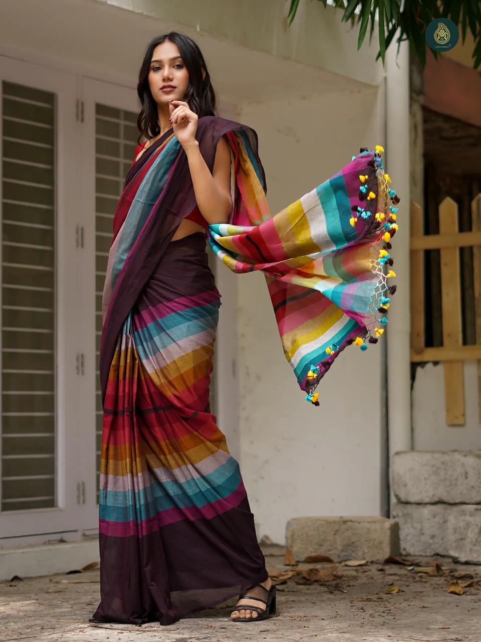 MULTI SPECIAL DESIGNER DIGITAL PRINTED COTTON LINEN SAREE