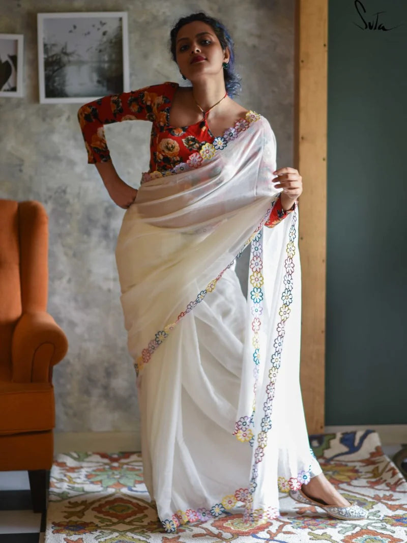 SADA BAHAR WALE WHITE GEORGETTE SAREE