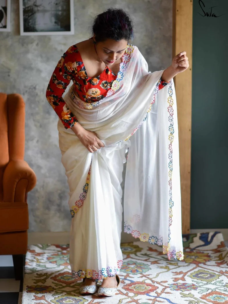 SADA BAHAR WALE WHITE GEORGETTE SAREE