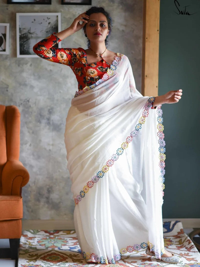 SADA BAHAR WALE WHITE GEORGETTE SAREE