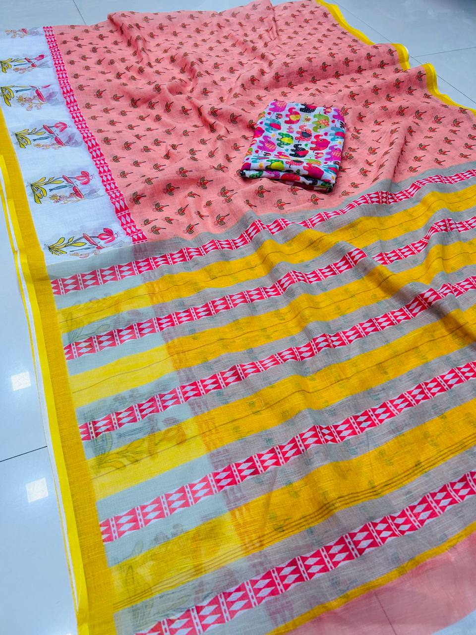 DESIGNER BEIGE COLOR DIGITAL PRINTED COTTON LINEN SAREE