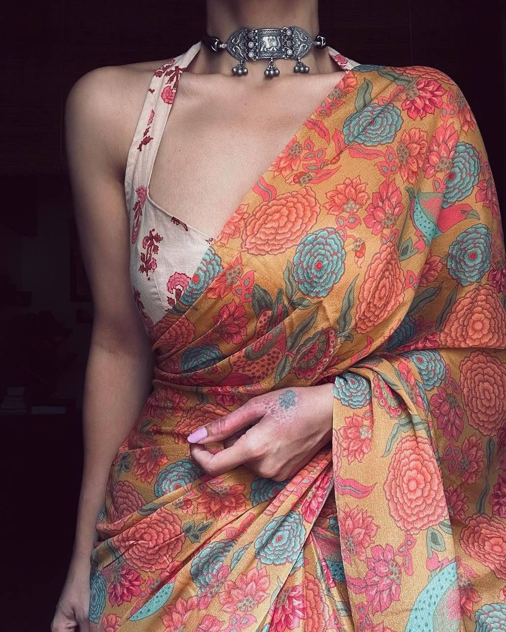 FABLOUS PEACH COLOR DIGITAL PRINTED COTTON LINEN SAREE